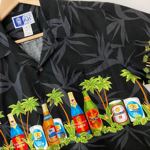 RJC Hawaiian Men’s Shirt Black Beer Bottles sz L - Picture 2 of 6